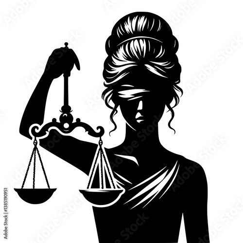 Justice figure holding scales in silhouette against, transparent background  