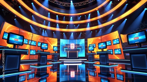 Modern game show stage with illuminated podiums, multiple digital screens, colorful lights, and dramatic studio lighting in a circular setup

