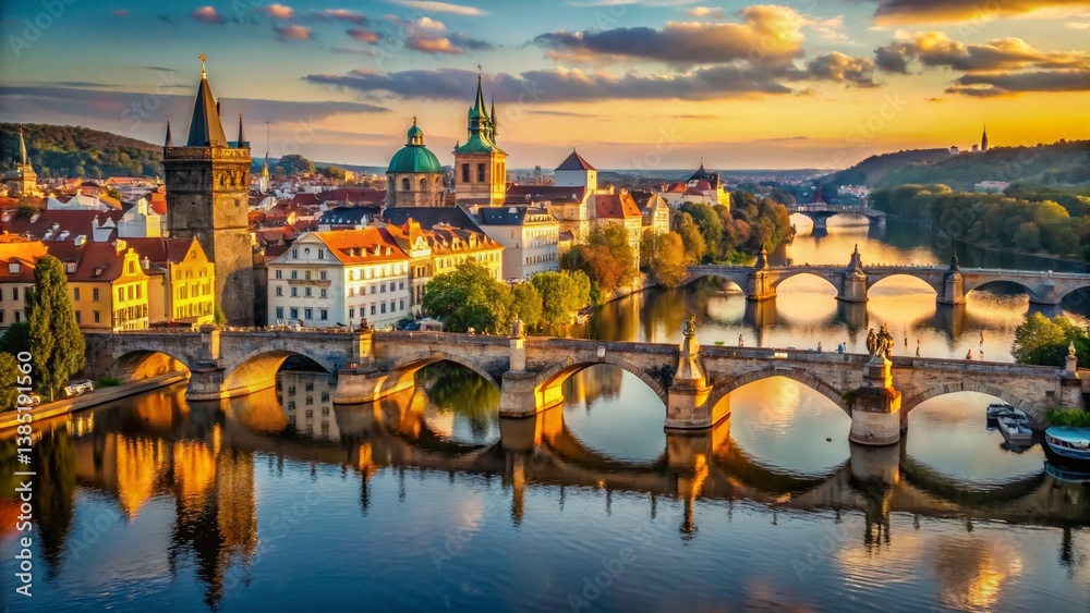 Obraz premium Drone View: Charles Bridge Arching Over River, Historic Building Background