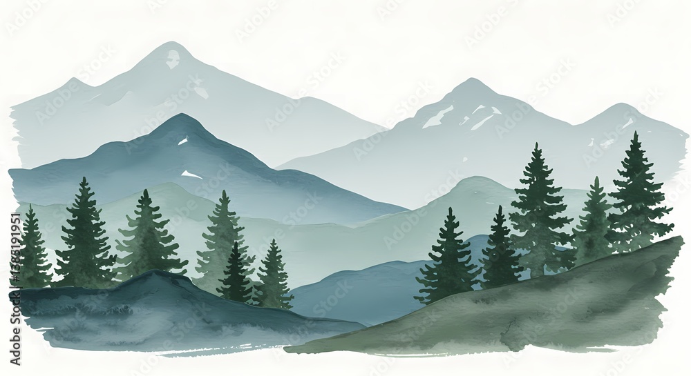 Obraz premium Watercolor mountain landscape with evergreen trees 