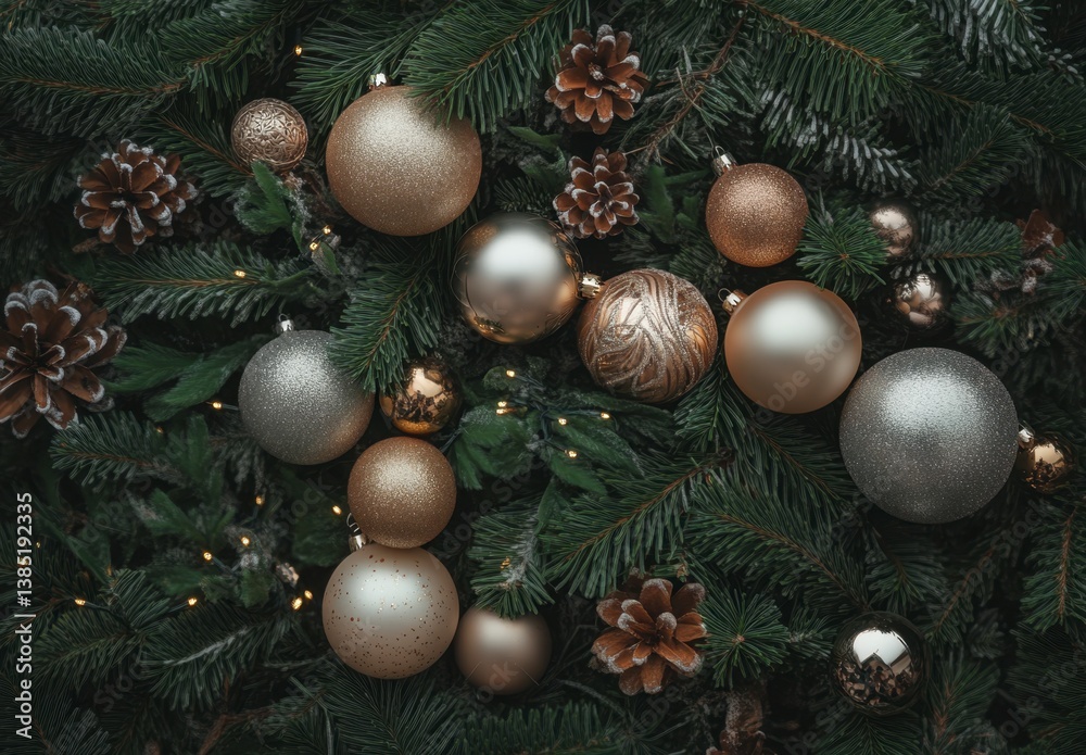 Fototapeta premium Elegant Christmas Ornaments and Pine Cones on Evergreen Branches