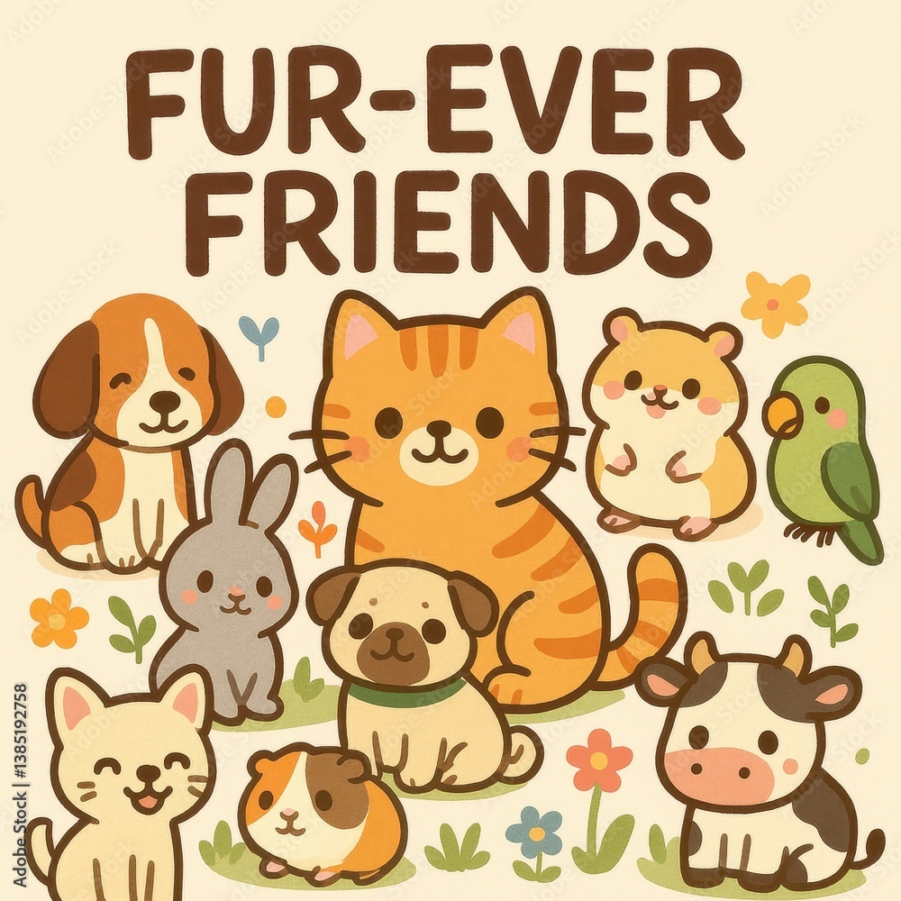 Obraz premium Cute cartoon animals group with cat, dogs, rabbit, and friends in spring scenery