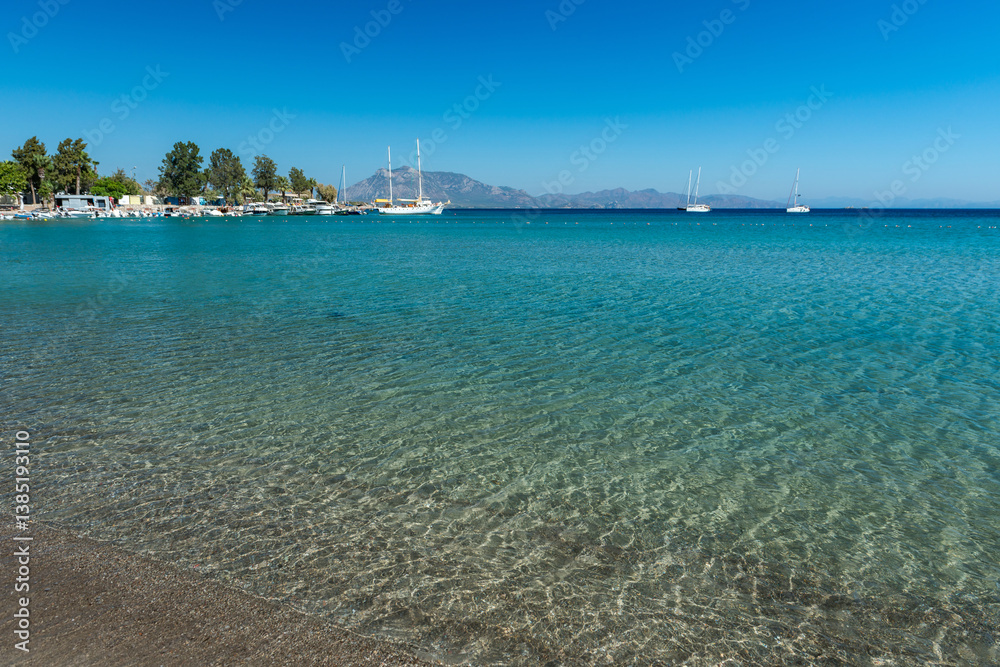 Fototapeta premium View to Mediterranean coast of Datca peninsula. Mugla region, Turkey. Mountains in the distance