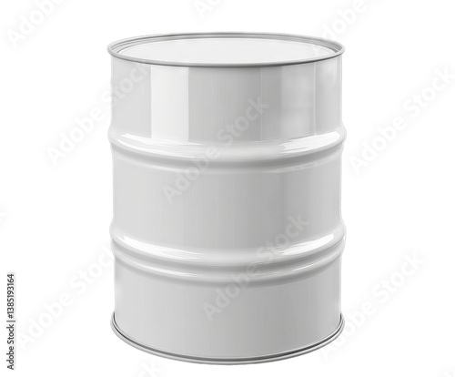A sturdy white metal barrel stands upright, showcasing its smooth surface and cylindrical shape. Suitable for a variety of storage needs in industrial, commercial, or home environments