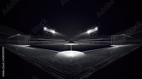 Empty stadium wireframe at night, spotlights on field