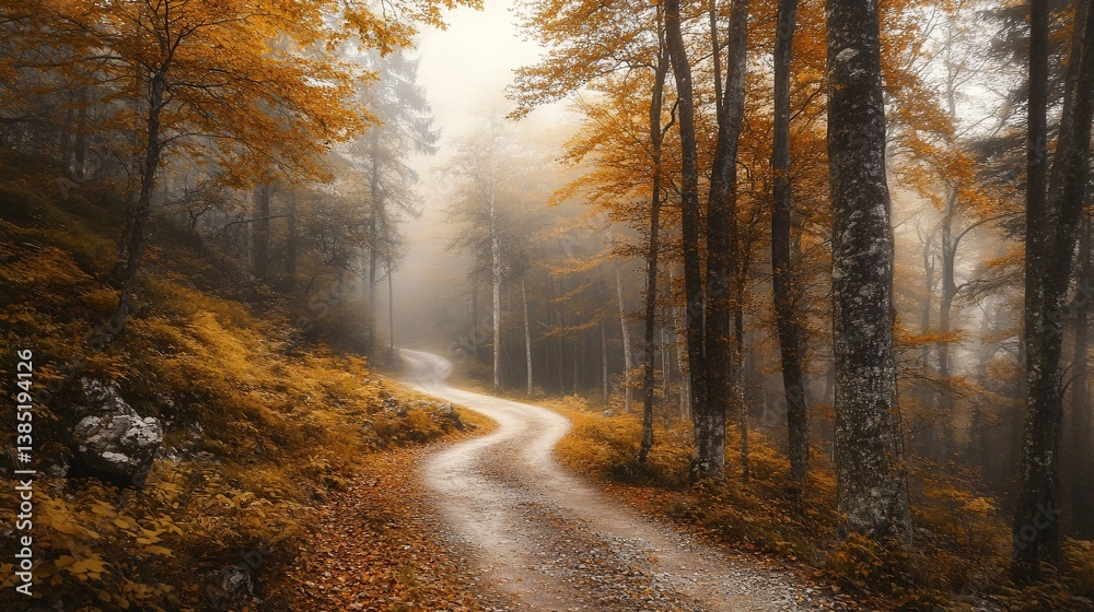 Winding road leading through a foggy autumn forest Winding road leading through a foggy autumn forest