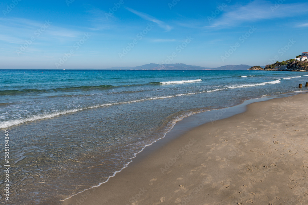 Fototapeta premium Ladies Beach in the Kusadasi city, Turkey. Touristic beach resort town on Turkey.
