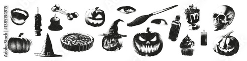 Trendy halftone stipple effect Halloween elements set. Mouth, eyes, pumpkins, skull, witch hat, candles. Grunge punk grain gritty texture for collage design. Modern retro 100% vector dots texture