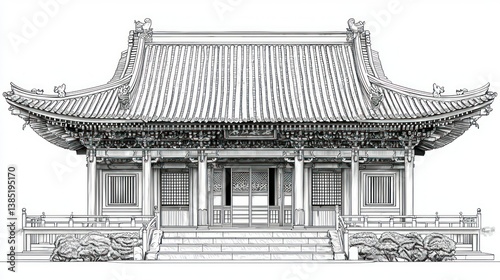 Architectural Masterpiece: A Detailed Ink Drawing of a Traditional Asian Temple