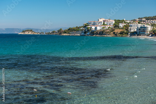 Fototapeta Naklejka Na Ścianę i Meble -  Ladies Beach in the Kusadasi city, Turkey. Touristic beach resort town on Turkey.