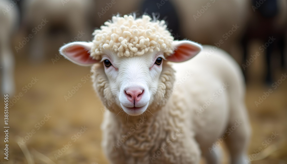Close-up of a white Qurbani sheep with thick wool on straw, soft barn backdrop, symbolizing cultural tradition.