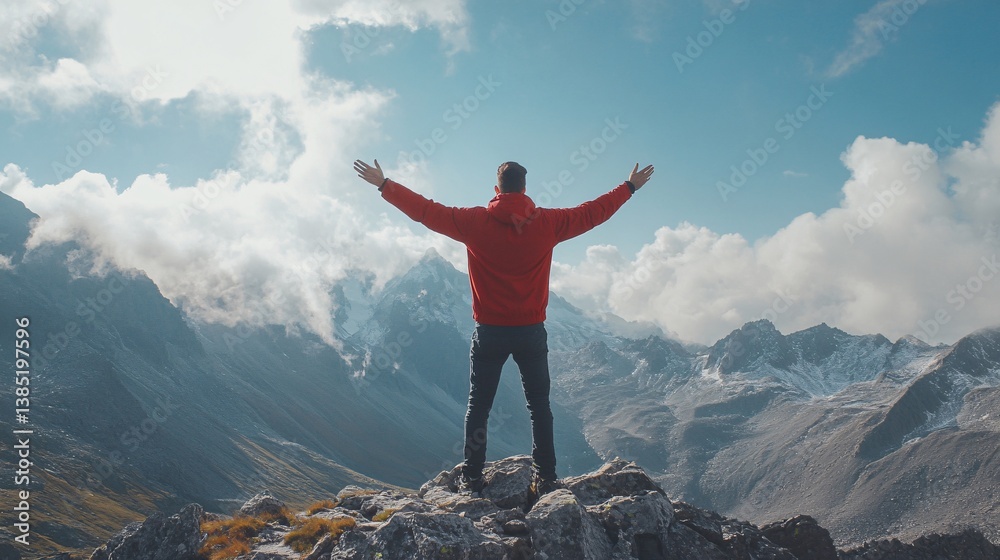 Obraz premium Hiker celebrating on top of mountain with open arms