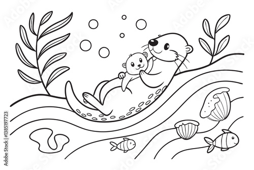 adorable sea otter family coloring page featuring a mother otter floating 