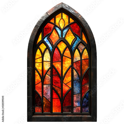 A stunning gothic-style stained glass window with intricate patterns in red, yellow, and blue, framed by dark stone,