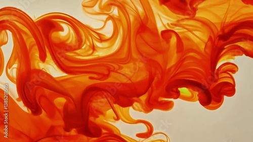 Vibrant orange and red paint swirls moving fluidly through clear liquid, creating dynamic abstract patterns that spread and transform across a light beige background.