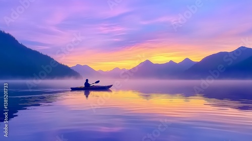A kayaker paddling across the glassy waters of a secluded alpine lake at sunrise