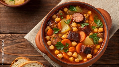 Traditional Spanish Cocido – Hearty Chickpea Stew in Clay Dish on Rustic Wooden Table
