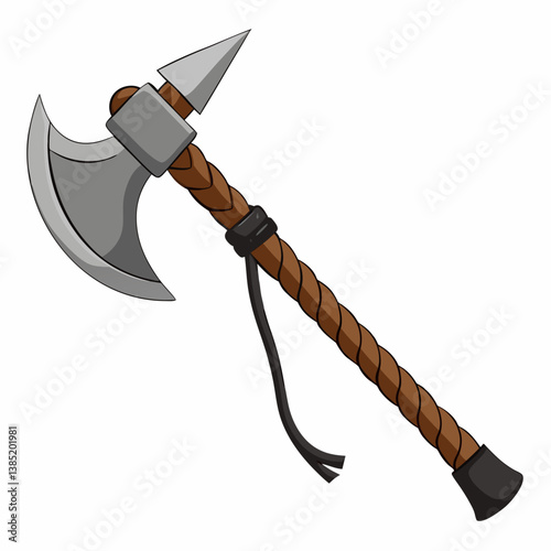 Axe with a wooden handle resting on a wooden surface, showcasing its craftsmanship and natural materials.