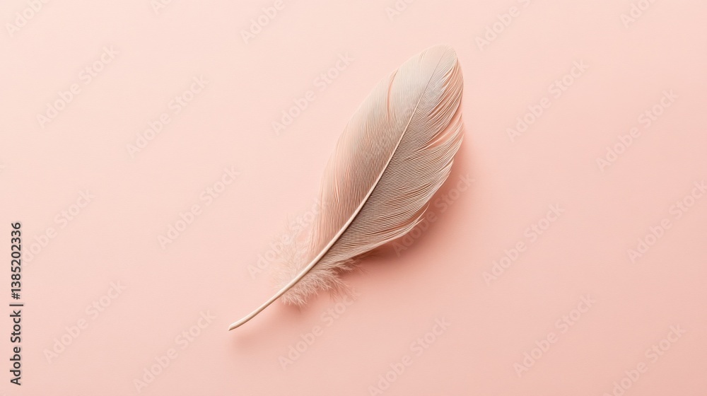 Obraz premium Minimal top-view feather on pale salmon background, sharp and clean lines