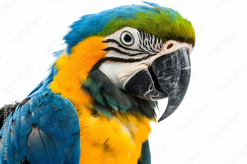 Naklejka premium Striking Portrait of a Blue and Gold Macaw with Vivid Plumage on White