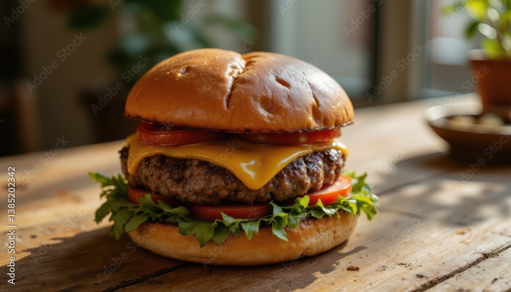 The freshly grilled burger rests on a rustic wooden table