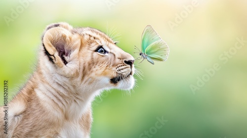 A lion cub curiously sniffing at a butterfly that has landed on its paw