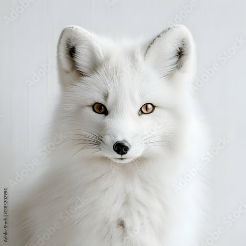 Portrait of a Beautiful Arctic Fox with Fluffy White Fur on White Backdrop photo