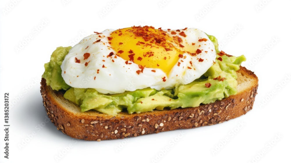 A fresh avocado toast with a poached egg and sprinkle of chili flakes. Featuring health and breakfast A fresh avocado toast with a poached egg and sprinkle of chili flakes. Featuring health and breakfast