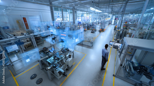 Manufacturing supervisor overseeing production line interface, quality control metrics, assembly automation, material flow tracking, efficiency optimization, maintenance scheduling  