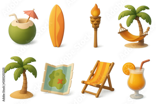 Tropical island adventure icons set - coconut, surfboard, palm, and more in 3d stylized design