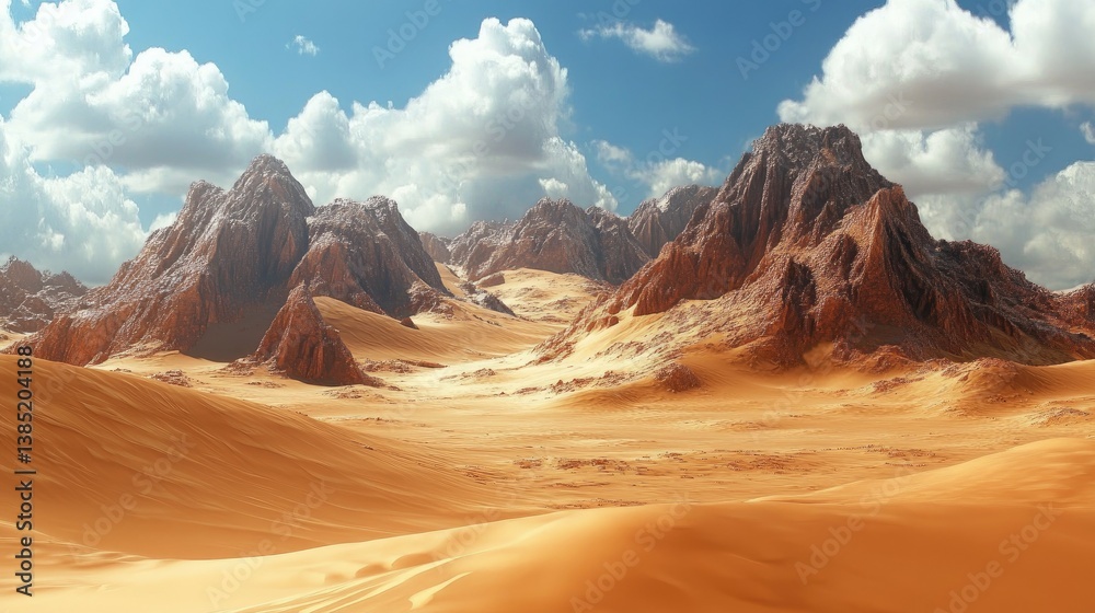 Naklejka premium Vast desert landscape with endless golden sands, shimmering under the sun in a timeless, arid expanse