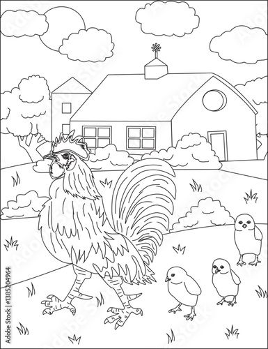 Coloring page vector hen and chicks outline