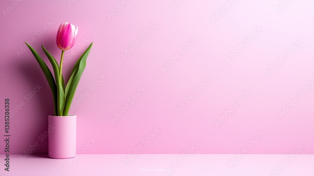 A charming image of a vibrant pink tulip in a minimalistic vase, complemented by a soft pink background that creates an uplifting and serene atmosphere. A charming image of a vibrant pink tulip in a minimalistic vase, complemented by a soft pink background that creates an uplifting and serene atmosphere.