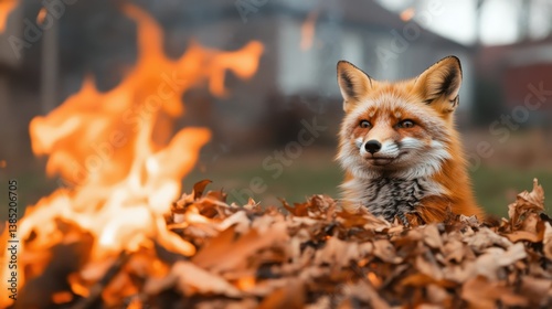 A striking image of a fox gazing serenely amidst the bright flames and fallen leaves, embodying the delicate balance between nature and fire in harmony with an autumn setting. photo