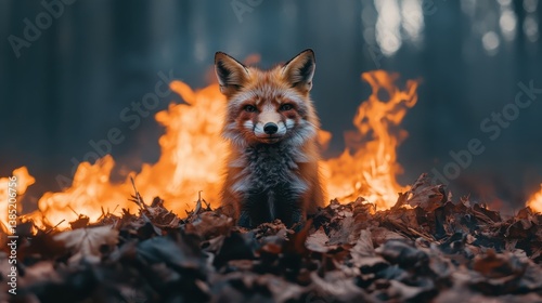 An captivating scene featuring a fox centered within breathtaking flames, capturing the essence of survival and beauty in a mesmerizing forest during twilight. photo