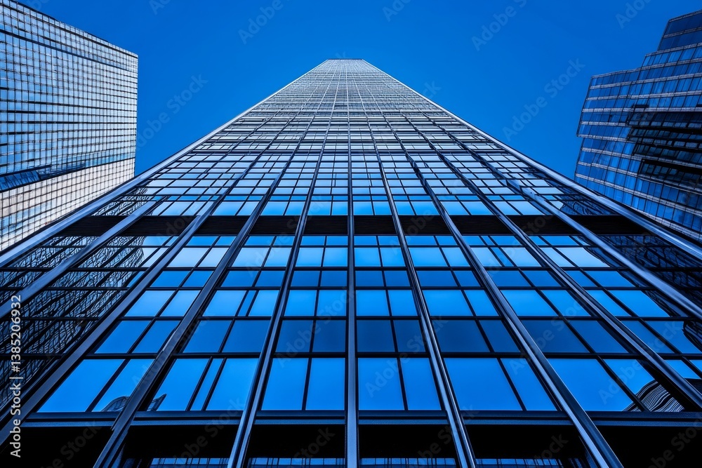Fototapeta premium A lone skyscraper against a vast gradient sky in minimalist style