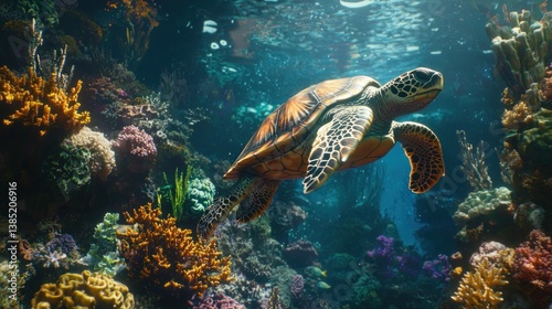 Sea turtle gracefully swims through vibrant coral reef.