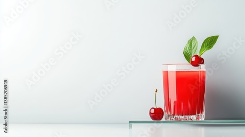 This image captures a refreshing cherry juice in a sleek glass, garnished with mint, set against a light background, destined to evoke feelings of summer and relaxation.
