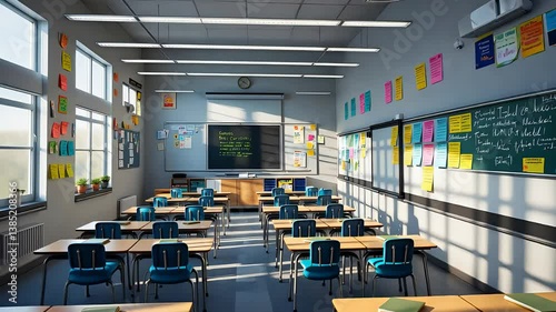 Bright and colorful empty classroom with desks, chairs, posters, large windows, chalkboard, and educational materials in a sunny school day

