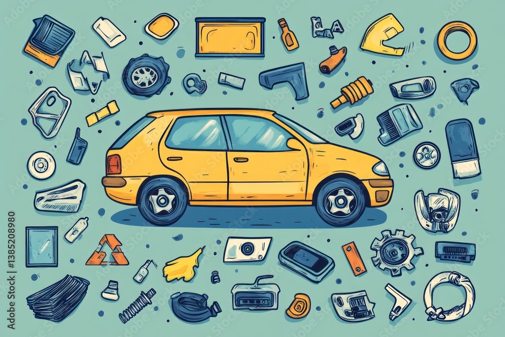 Naklejka premium Cartoon Car Parts Scattered Around a Yellow Sedan
