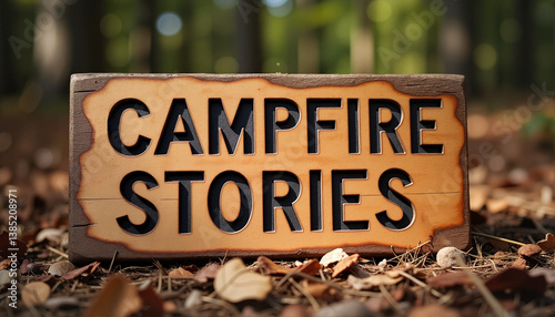 Obraz na płótnie Wooden campfire stories sign on forest floor for blogs, websites, camping-themed designs, storytelling events, outdoor activities, and nature exploration resources w salonie