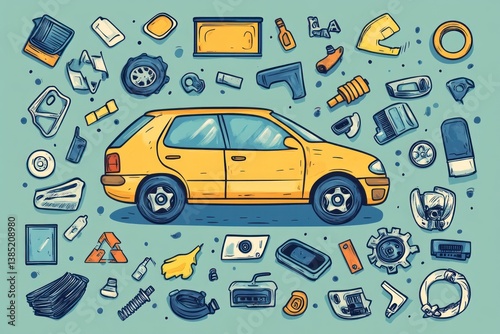Cartoon Car Parts Scattered Around a Yellow Sedan