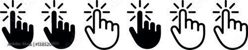 A series of stylized hand icons, each depicting a finger pressing or selecting, commonly used for interactive UI/UX design and call-to-action buttons. 