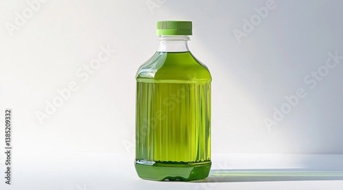 Green beverage plastic bottle, studio shot, bright light, mockup
