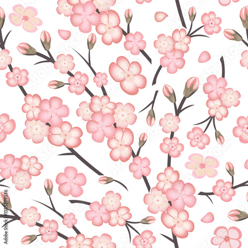 Spring seamless pattern with sakura branch flowers on white background. Pink flowers of Japanese cherry, or apple flowers.