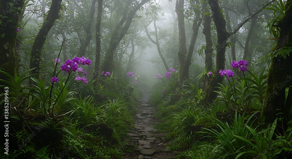 Fototapeta premium Foggy Forest Trail with Purple Orchids in Lush Green Environment