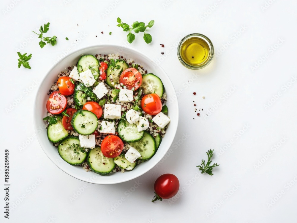 A fresh bowl of quinoa salad with cucumbers, tomatoes, and feta cheese. Featuring light and nutritious A fresh bowl of quinoa salad with cucumbers, tomatoes, and feta cheese. Featuring light and nutritious