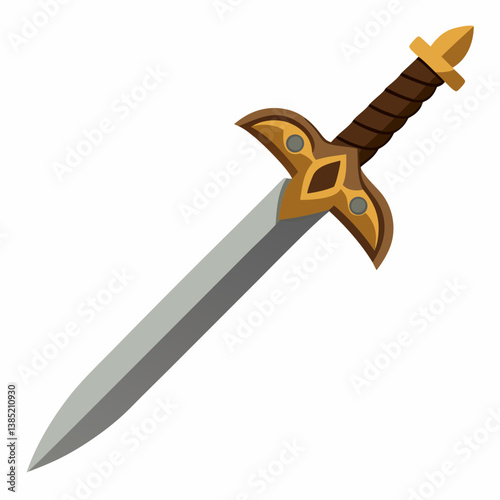 An illustration of a sword featuring a wooden handle, showcasing its blade and intricate design details.