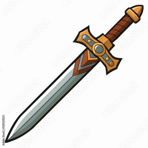An illustration of a sword featuring a wooden handle, showcasing its blade and intricate design details.