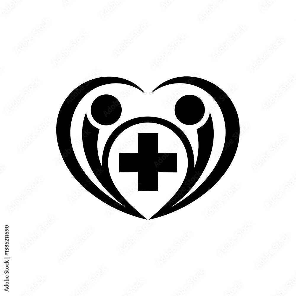 Obraz premium Abstract heart medical logo with cross and family symbol in monochrome design representing healthcare compassion and wellness in modern graphic style icon on gray background
